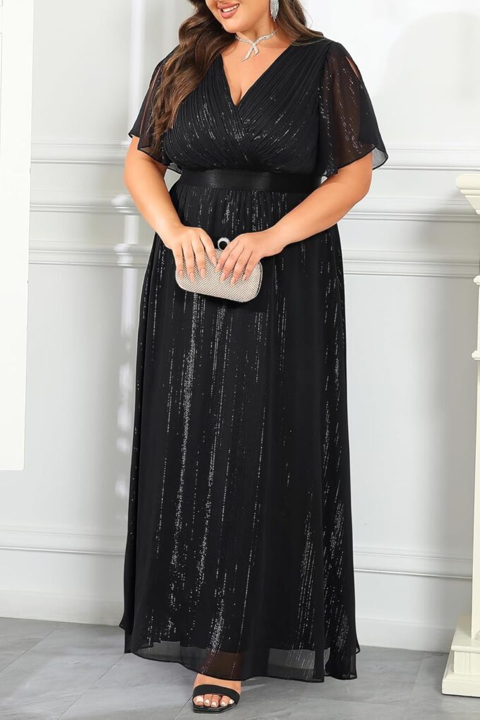 Plus Size Formal Dress - Chiffon V Neck Bridesmaid Wedding Guest Party Short Sleeve A-Line Floor Length Dresses – Bild 5