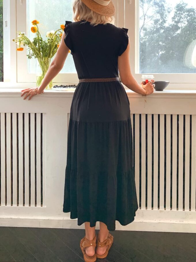 Women's Summer Sleeveless Maxi Dress Ruffle Sleeve Crewneck Tiered Flowy Pleated Casual A Line Sundress with Pockets – Bild 5