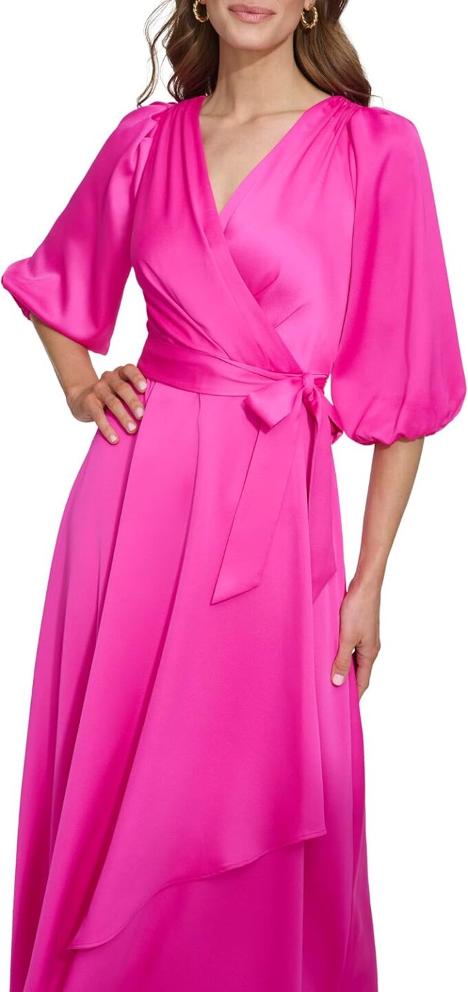 DKNY Women's Balloon Sleeve Satin Faux Wrap Maxi Dress – Bild 5
