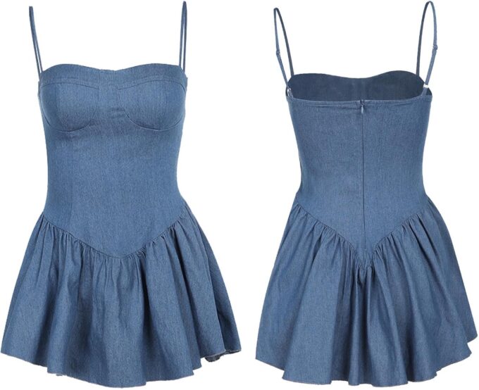 Sexyshine Women's Spaghetti Strap Tube Top Flared Denim Mini Dress A-Line Backless Ruffle Hem Pleated Skater Jeans Dresses – Bild 4