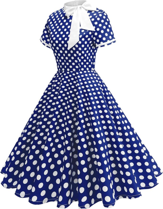 50s Style Dresses for Women Vintage Polka Dot Short Sleeve Tie Neck Swing Dress Midi Prom Retro 1950s Dress – Bild 2