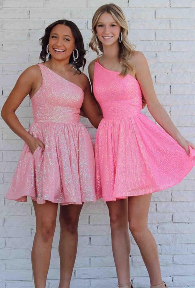 One Shoulder Short Sequin Homecoming Dresses for Teens 2024 Sparkly HOCO Prom Dress with Pockets – Bild 6