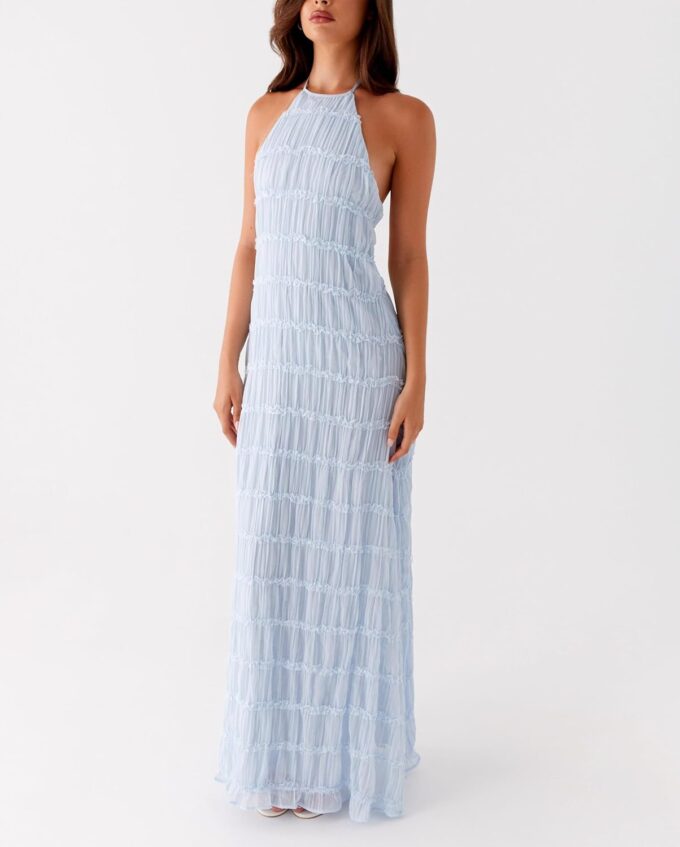 Women Halter Flowy Vacation Long Dress Sexy Sheer Ruched Backless Dress Y2k Sleeveless Beach Tiered Maxi Sundresses – Bild 3