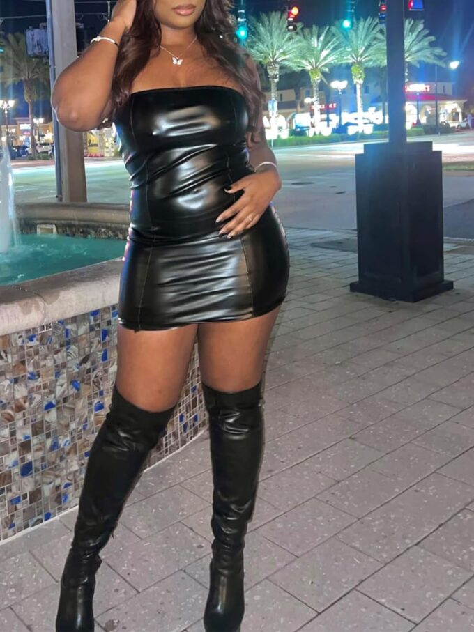 Women's Off Shoulder Faux Leather PU Strapless Tube Top Sexy Bodycon Mini Club Party Outfits Date Night Dresses – Bild 5