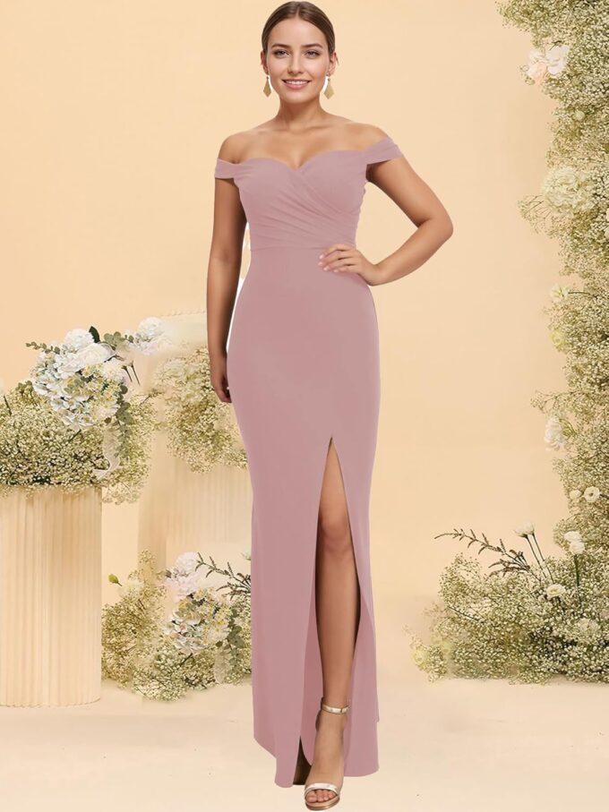 SERYO Off Shoulder Chiffon Bridesmaid Dresses for Women with Slit V Neck Flowy Long Formal Dress – Bild 5