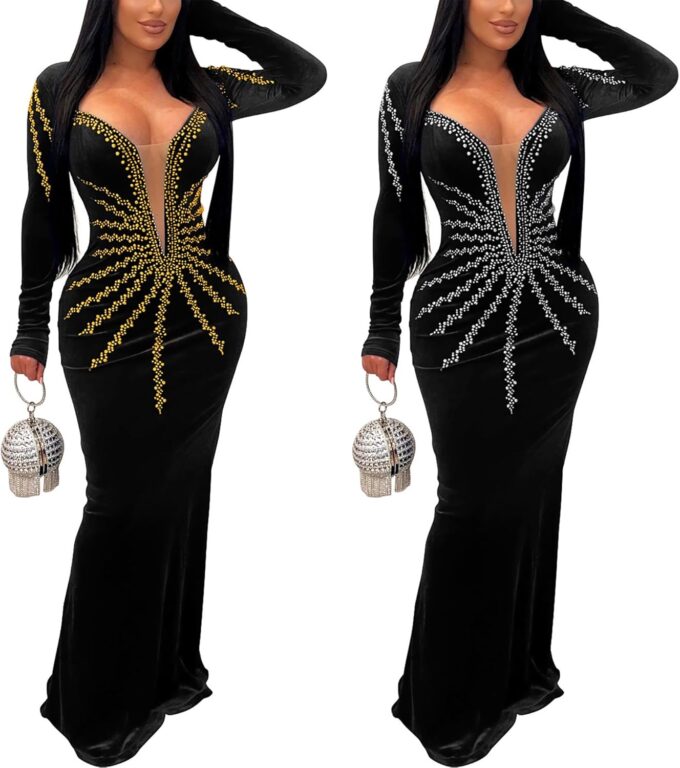 PORRCEY Women Sexy Elegant Rhinestone Mesh See Through Dress Hot Drilling Party Club Night Outfits – Bild 4