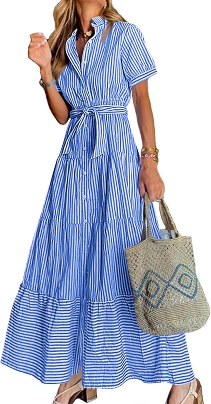 Women Summer Striped Maxi Long Button Down Short Sleeve Tie Waist Tiered Casual Dress