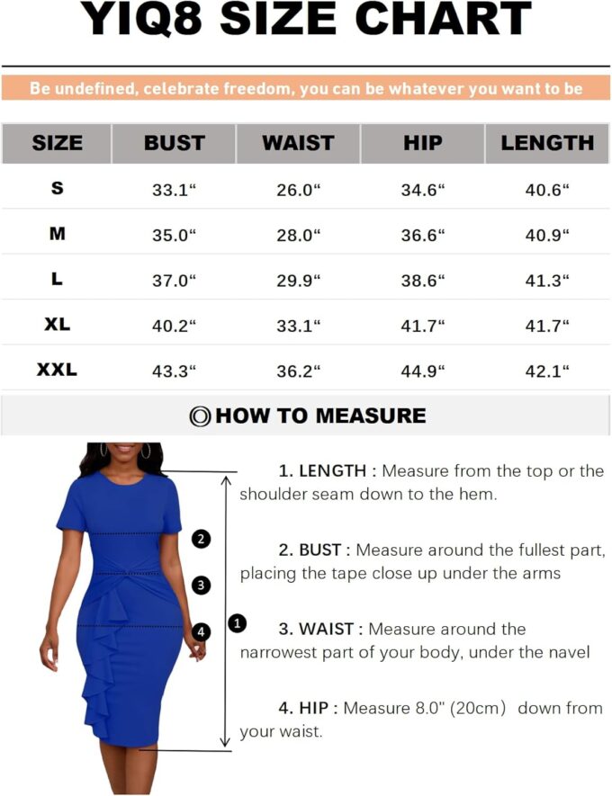 YIQ8 Damen-Midikleid mit Rundhalsausschnitt, kurze Ärmel, gerüschte Taille, Rüschen, Bleistiftkleid, figurbetontes Midikleid, Blau, Klein – Bild 5