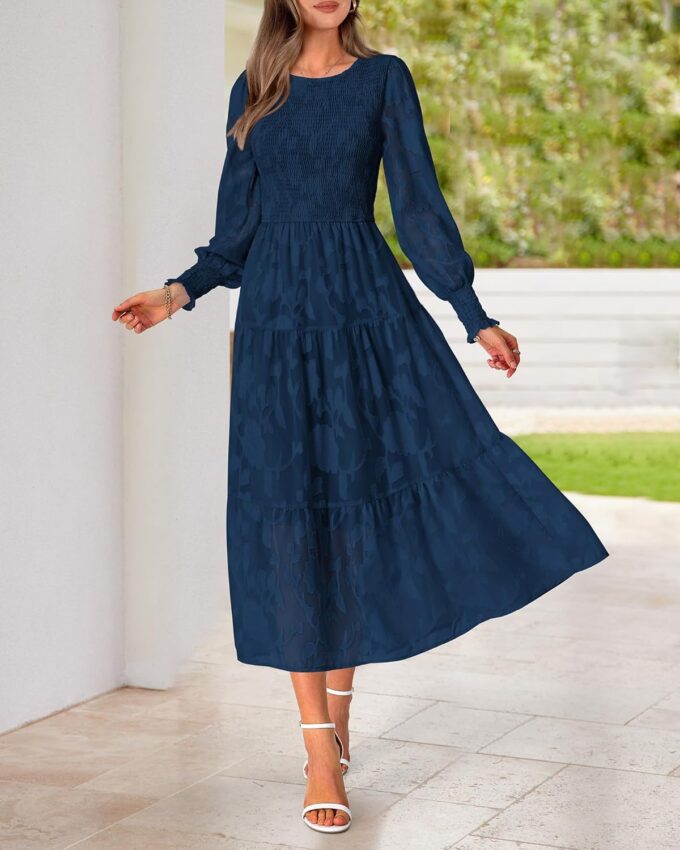 BTFBM Casual Women's 2025 Spring Dresses Elegant Wedding Guest Dress Long Sleeve Floral Midi Dress Flowy Bohemian Long Dress – Bild 6