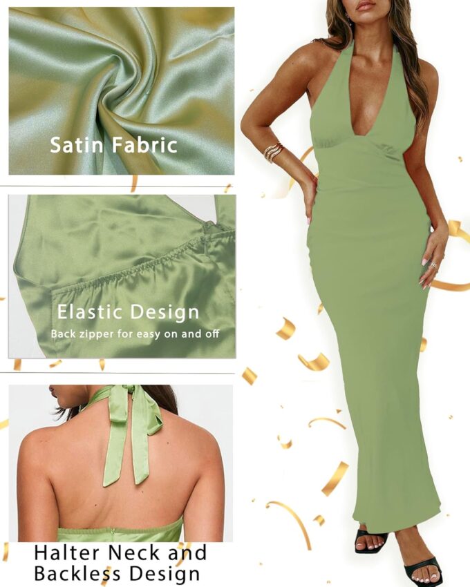 Women's Satin Dresses Summer Bodycon Sexy Halter V Neck Backless Elegant Formal Prom Cocktail Wedding Guest Maxi Dress – Bild 2