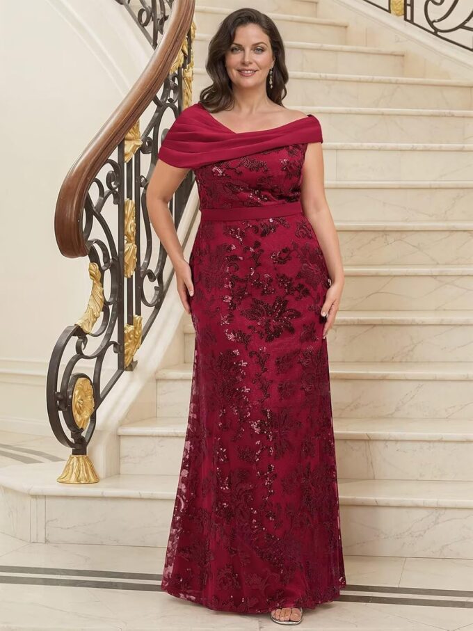 VCCICANY Sequin Mermaid Mother of The Bride Dresses for Women Chiffon Off Shoulder Ruched Long Formal Evening Gowns – Bild 5