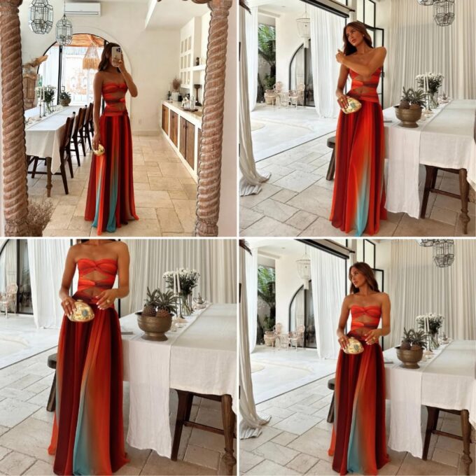AIBEARTY Women's Sexy Tie Dye Off Shoulder Maxi Dress Gradient Cut Out Strapless Flowy Sundress Beach Long Dresses – Bild 5