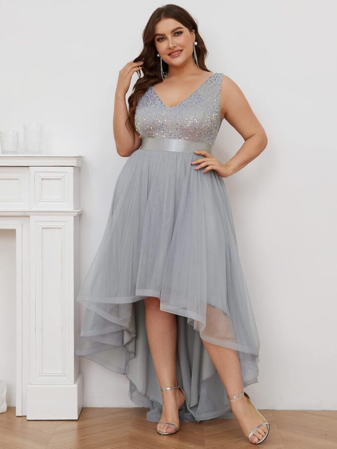Ever-Pretty Womens Double V Neck A Line High Low Sequin Tulle Plus Size Formal Dresses for Curvy Women 0147A-DA – Bild 4