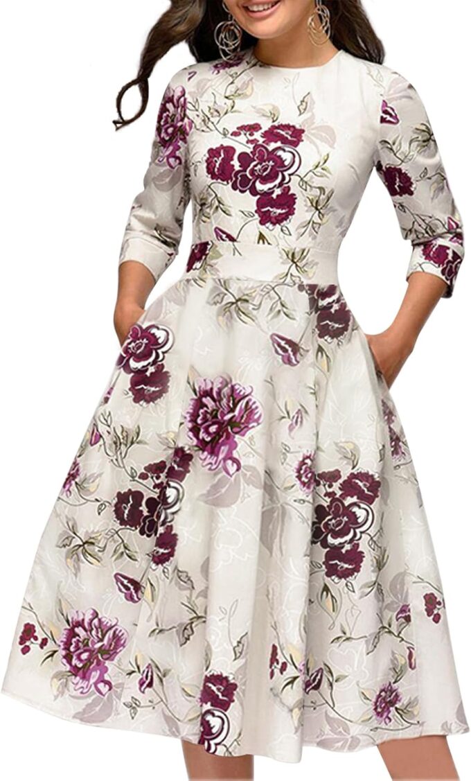 Simple Flavor Women's Floral Vintage Dress Elegant Midi Evening Dress 3/4 Sleeves