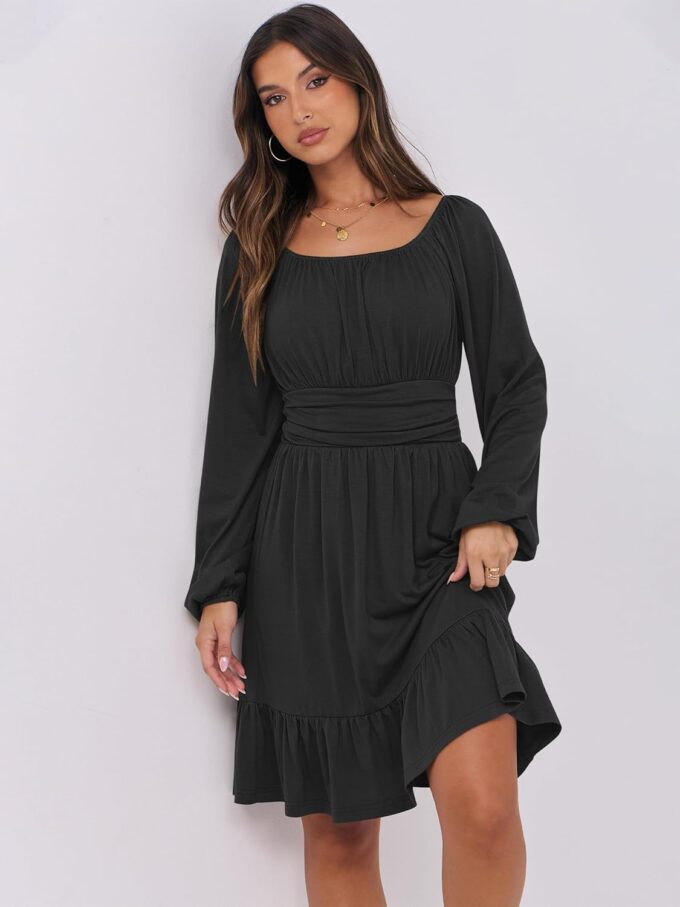 ANRABESS Womens Dress Long Lantern Sleeve Square Neck Elastic Waist Ruffle Flowy Swing A-Line Short Dresses 2025 Fall Fashion – Bild 4
