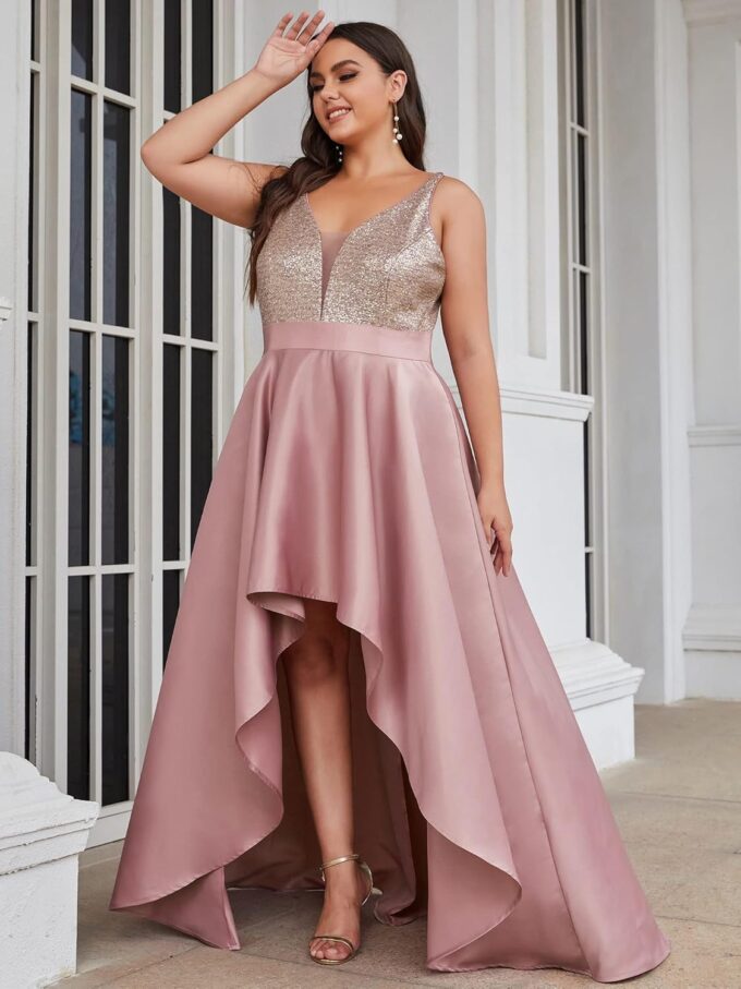 Ever-Pretty Plus Women's Elegant V Neck Sleeveless High Low A Line Sequin Satin Plus Size Cocktail Formal Dresses – Bild 3