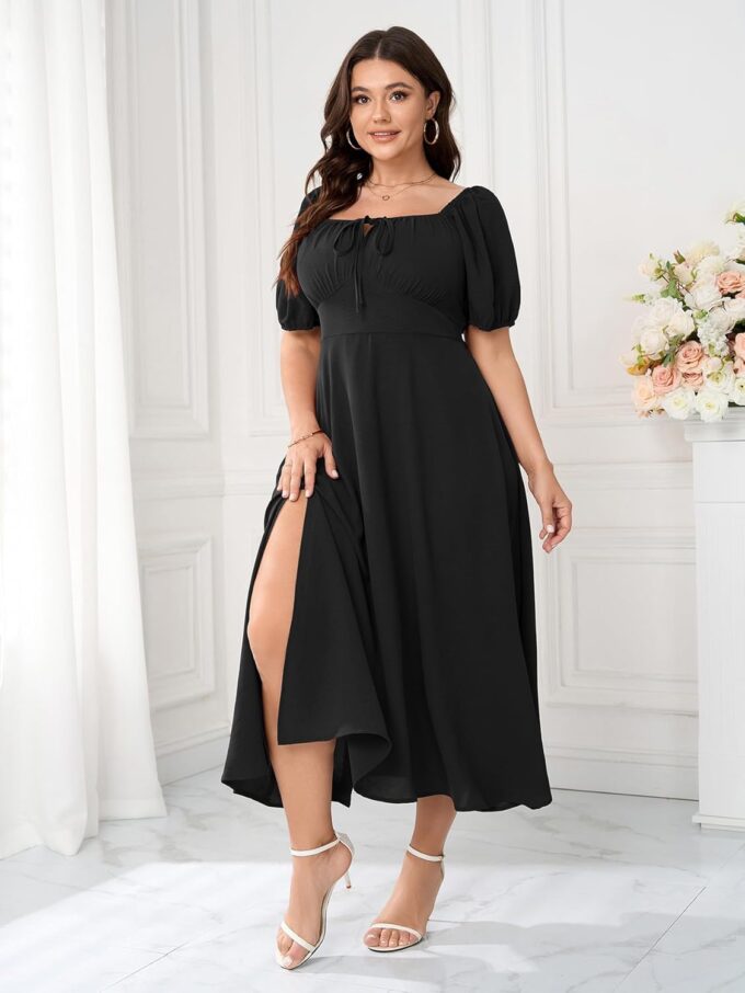 Women's Plus Size Summer Dress Short Sleeve Square Neck Milkmaid Dress Tie Front Split A-Line Maxi Long Dresses – Bild 5