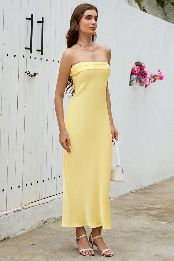 Women's 2025 Summer Strapless Satin Maxi Dresses Formal Elegant Silk Tube Bodycon Backless Wedding Guest Long Dress – Bild 4