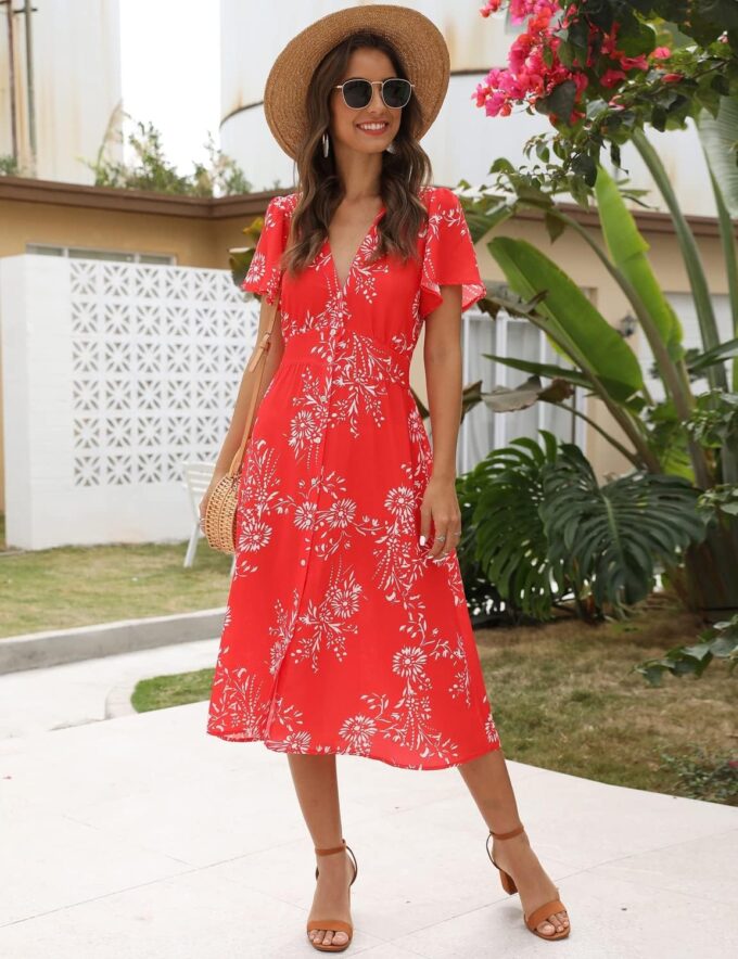ROYLAMP Women's Floral Button Up Split Dress Deep V Short Bell Sleeve Casual Midi Dress with Pockets – Bild 3