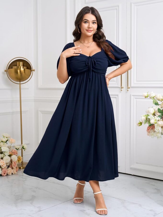 SCOMCHIC Plus Size Sweetheart Neckline Maxi Dress Formal Wedding Guest Short Puff Sleeve Cocktail Smocked A-Line Dresses – Bild 2