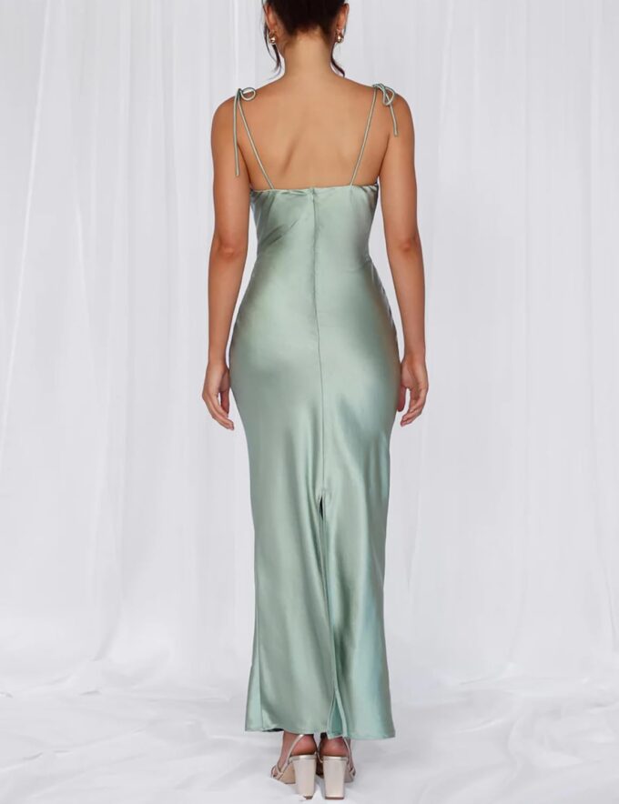 2025 Satin Cowl Neck Spaghetti Strap Slip Maxi Dress for Women Tie Strap Formal Wedding Guest Dresses with Slit – Bild 2