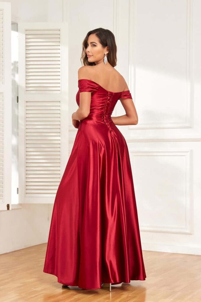 Off The Shoulder Bridesmaid Dresses Satin Prom Dress A Line Split Evening Party Dress for Women HS011 – Bild 4