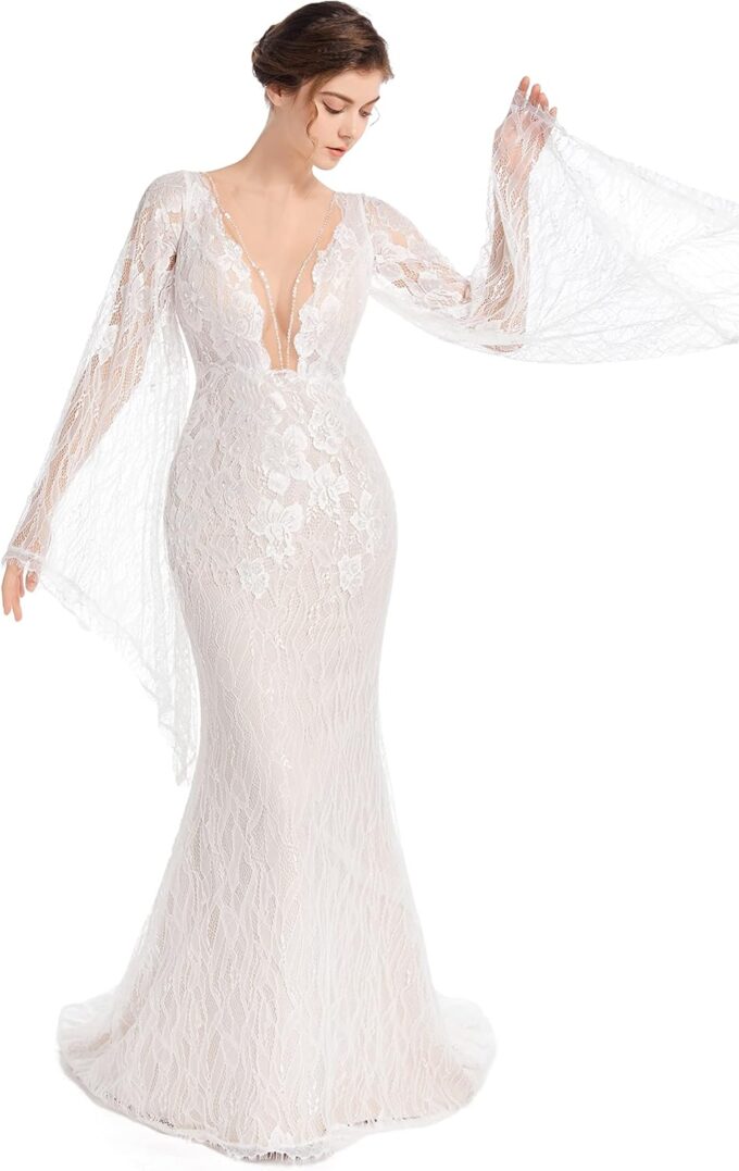 Luxury Lace Flare Sleeves Mermaid Wedding Dress Boho Beach Sexy Deep V Open Back Bridal Gowns – Bild 2