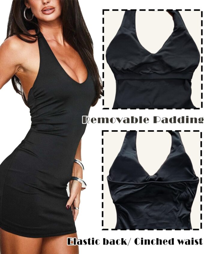 Bodycon Halter Mini Dresses for Women Removable Padded Going Out Club Backless V Neck Summer Cocktail Party Outfit – Bild 3