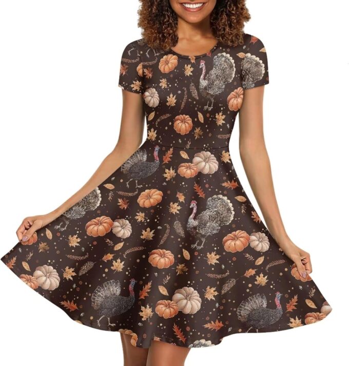 HUGS IDEA Womens Puffy Swing Midi Dress Round Neck Short Sleeve Party A-Line Dresses