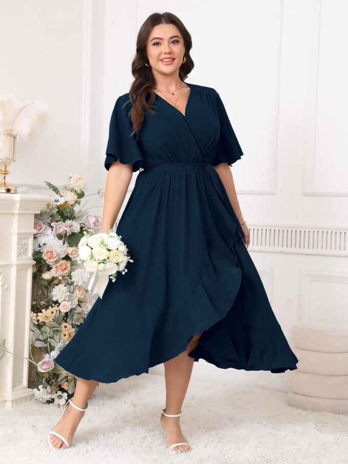 Plus Size Formal Wedding Guest Cocktail Dresses for Curvy Women Maxi Dress Wrap V Neck Short Sleeve – Bild 5