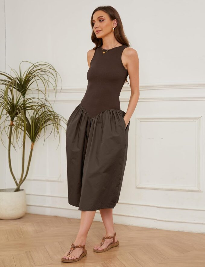 Livtany Women's Sleeveless Slim Fit Midi Dress Drop-Waist Crew Neck Patchwork Dress Ribbed a-Line Summer Dress with Pocket – Bild 3