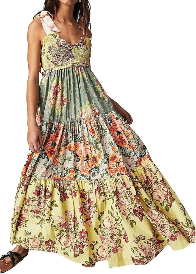Women Floral Maxi Dress Sleeveless Tie Shoulder Bohemian Flowy Smocked Casual Dresses Summer Sundress with Pockets