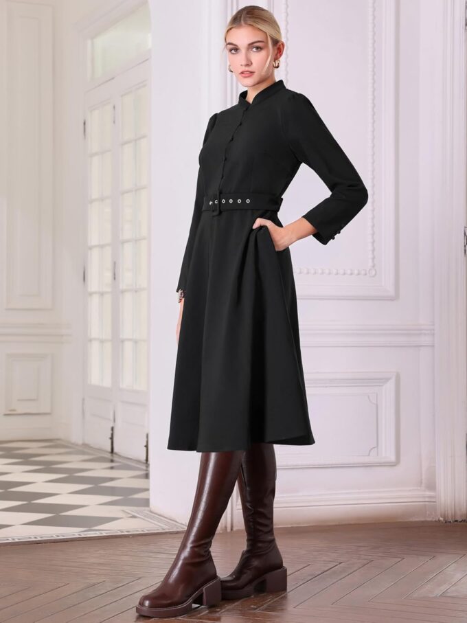 Hobemty Damen Vintage A-Linie Kleid Stehkragen Langarm Gürtel Arbeit Flare Kleider – Bild 3