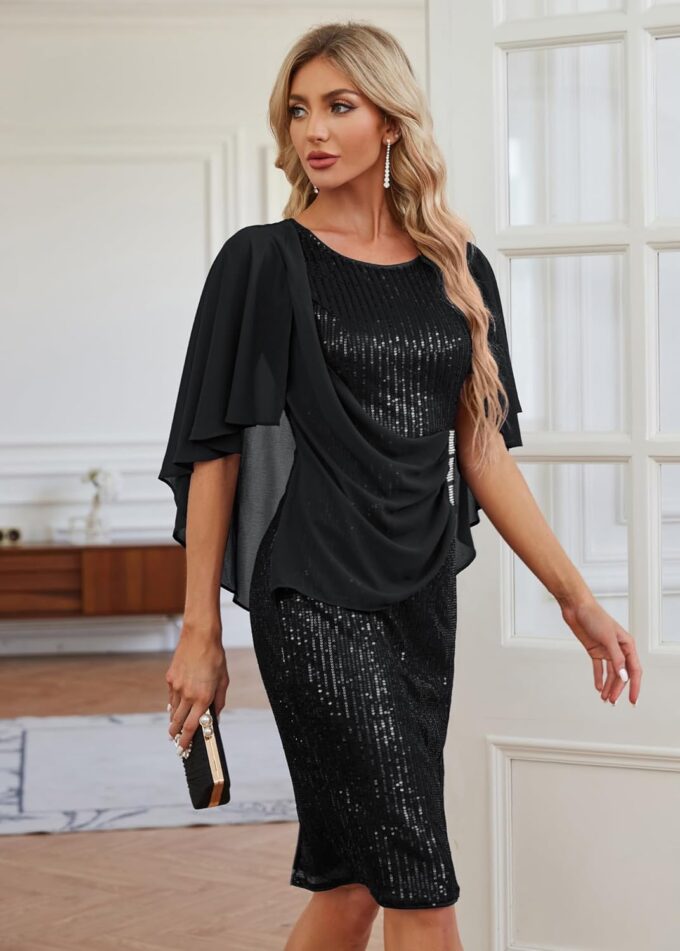 Hanna Nikole 2024 Womens Sequin Party Dress Plus Size Chiffon Cape Sleeve Cocktail Midi Dress – Bild 4