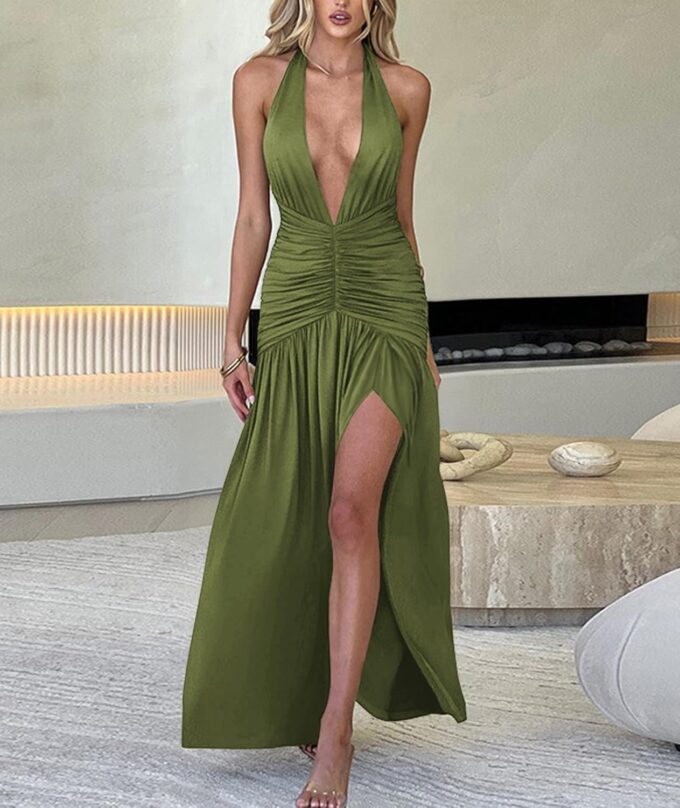 Ekaliy Women's Sexy Halter Deep V Neck Maxi Dress Sleeveless Backless High Slit Ruched Long Dress Summer Party Cocktail Dress – Bild 6