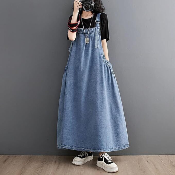 Women's Denim Pullover Casual Loose Sleeveless Adjustable Strap Denim Dress with Pockets and Wide Hem – Bild 3