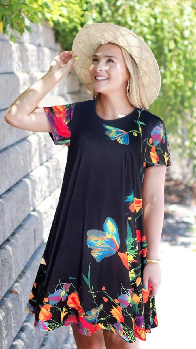 My Sky Women Summer Dresses Casual Short Sleeves Tshirt Cute Flowy Beach Plus Size Sundress with Pockets – Bild 2