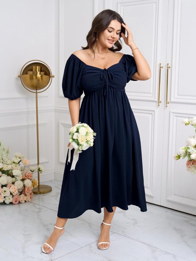 SCOMCHIC Plus Size Sweetheart Neckline Maxi Dress Formal Wedding Guest Short Puff Sleeve Cocktail Smocked A-Line Dresses – Bild 4