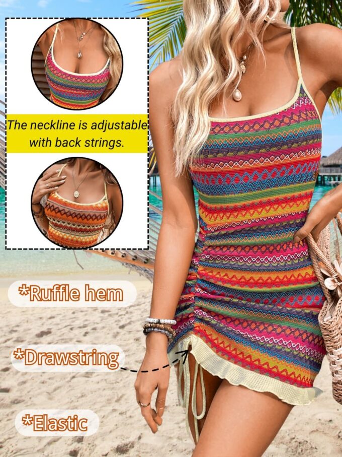 Boho Crochet Striped Swimsuit Coverup, Square Neck Low-Back Bodycon, Drawstring Ruffle Mini Dresses for Women – Bild 4