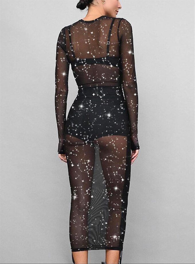 Womens Mesh Dress Ruched Glitter Long Sleeve Bodycon Sexy See Through Clubwear Rave Outfits – Bild 5