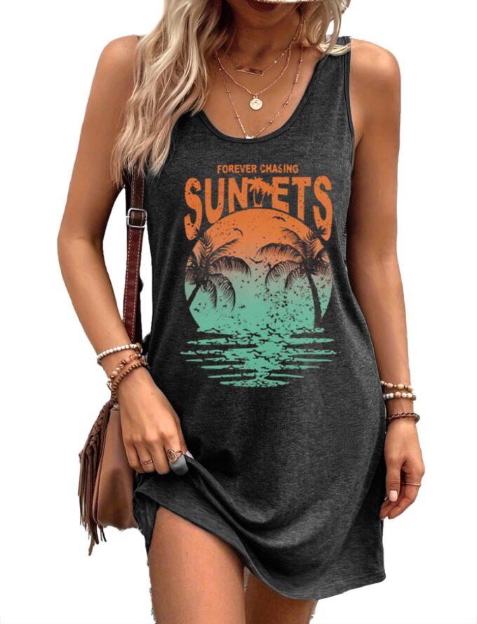 Summer Tank Dress for Women Sunset Palm Beach Vacation Mini Sundress