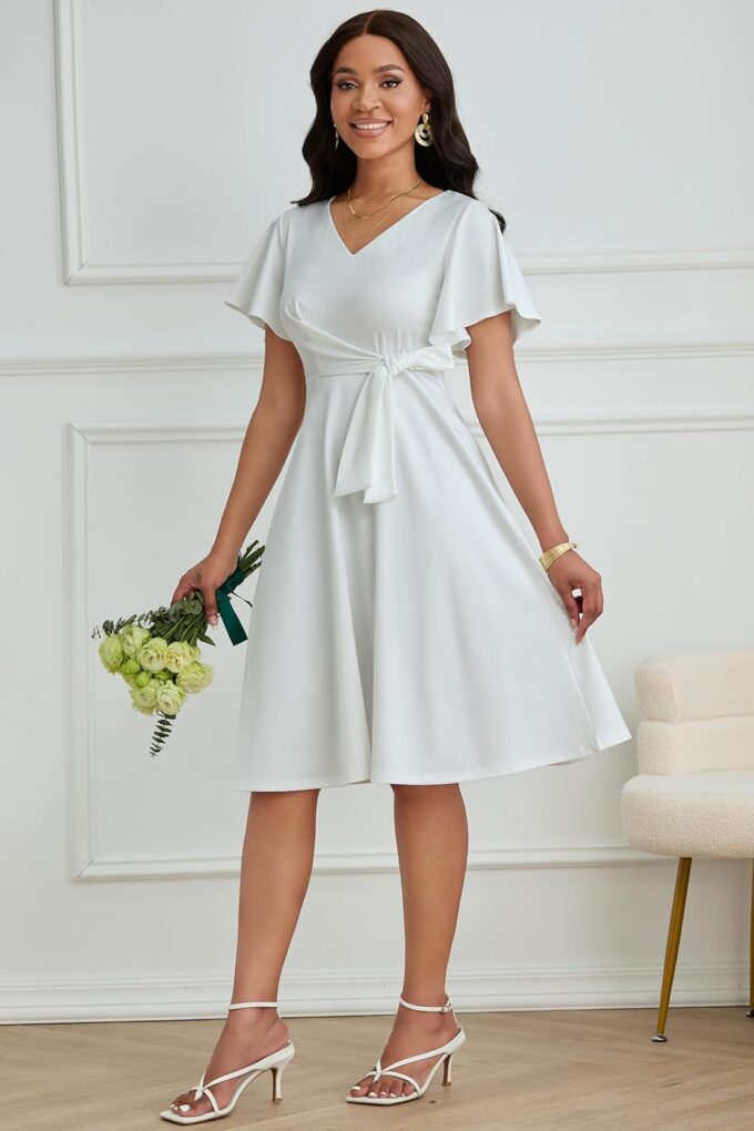 FANDEE Women's Casual Midi Dress Wedding Guest Dresses for Chuch Cocktail Ruffle Short Sleeve A-Line V Neck with Belt White – Bild 2