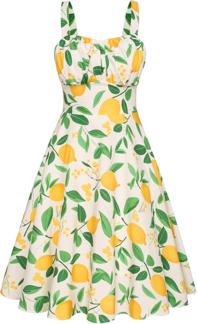 Belle Poque Women's Vintage Sleeveless Solid Floral Ruched Summer Cute A-Line Flowy Swing Midi Dress