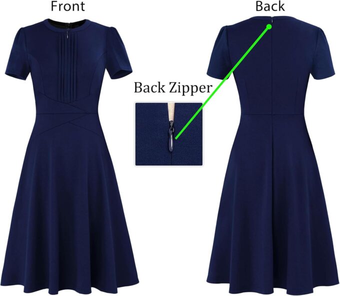 VFSHOW Damen Sommerkleid, Arbeit, Business, plissiert, Rundhalsausschnitt, Reißverschluss vorne, Knopfleiste, Büro, schmale A-Linie, Passform und ausgestelltes Kleid – Bild 7