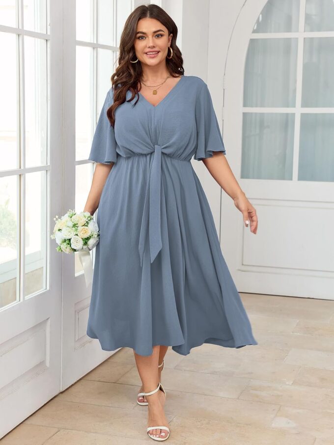SCOMCHIC Women Plus Size Midi Dresses Wedding Guest Short Sleeve V Neck Tie Waist Casual Summer Flowy A Line Dress – Bild 3