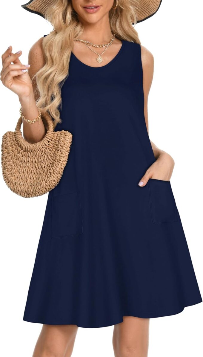 elescat Womens Summer Dresses Casual V Neck Sleeveless Pockets Beach Loose Tank Sundress – Bild 3