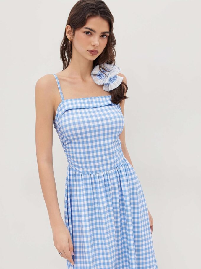 CIDER Women's Summer Gingham Midi Dress Sleeveless Ruched Plaid Dress Spaghetti Strap Dresses Casual Trendy – Bild 2