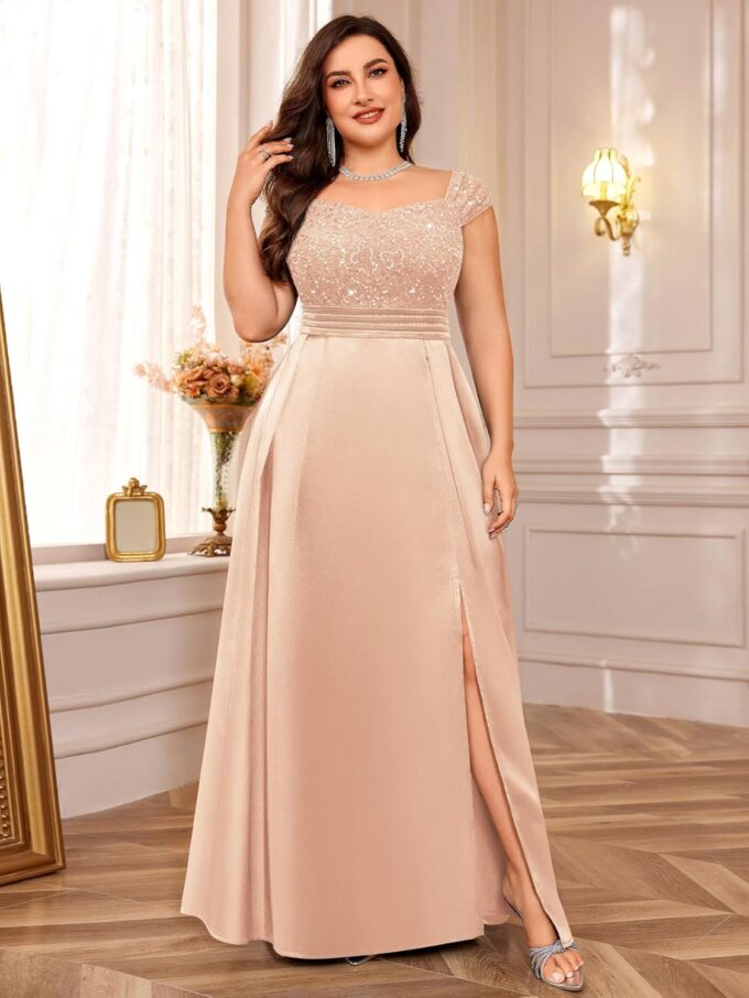 MISSMAY Women's Plus Size Sequin Lace Off Shoulder Satin Slit Formal Evening Party Maxi Dress – Bild 3