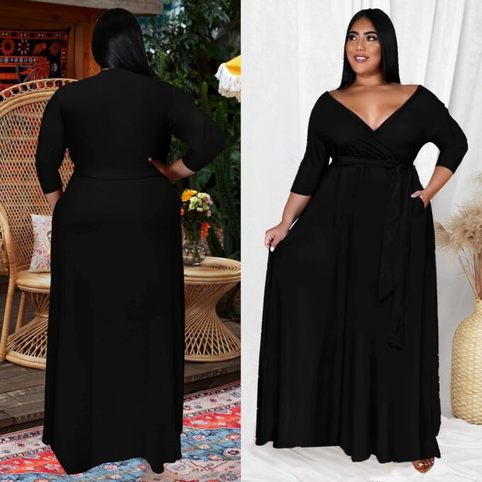 Runwind Plus Size Dress for Women - 3/4 Sleeve V Neck Printing Maxi Dresses for Women （XL-6XL） – Bild 4