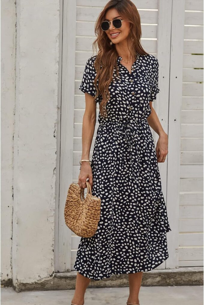 BROVAVE Women's Summer Polka Dot Print Shirt Dress Vintage Short Sleeve Button Down Midi Dress – Bild 3